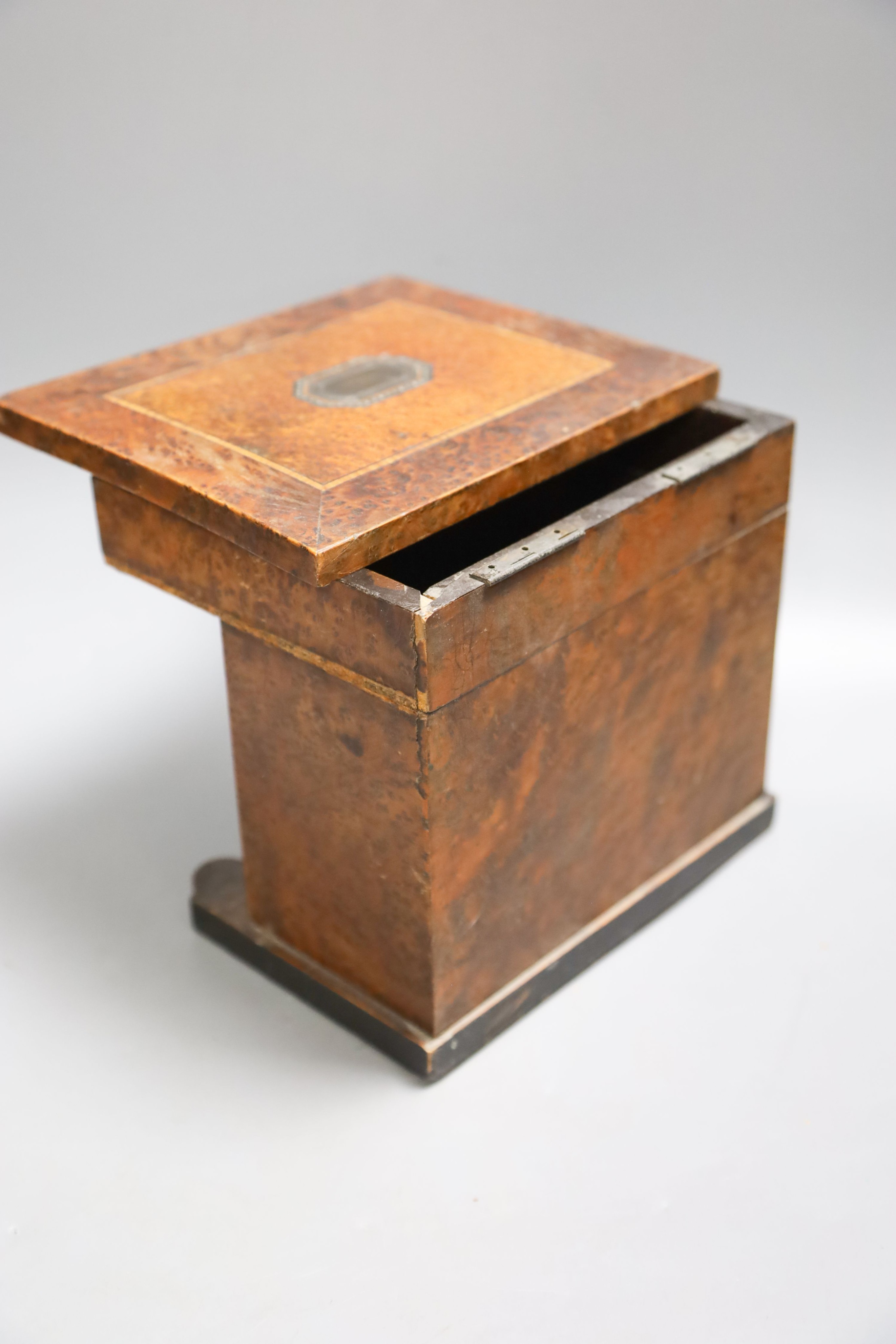 A 19th century banded burr walnut and satinwood miniature writing desk, faults, together with a Chinese fengshui hardwood compass 18cm